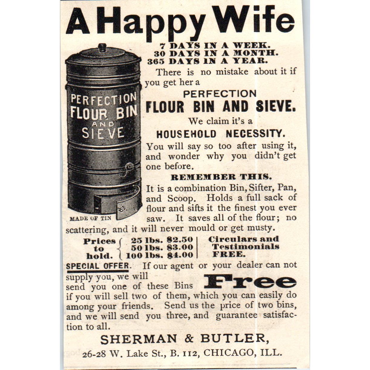 A Happy Wife Sherman & Butler Flour Bin and Sieve c1890 Victorian Ad AE8-CH7