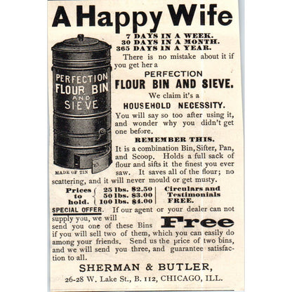 A Happy Wife Sherman & Butler Flour Bin and Sieve c1890 Victorian Ad AE8-CH7