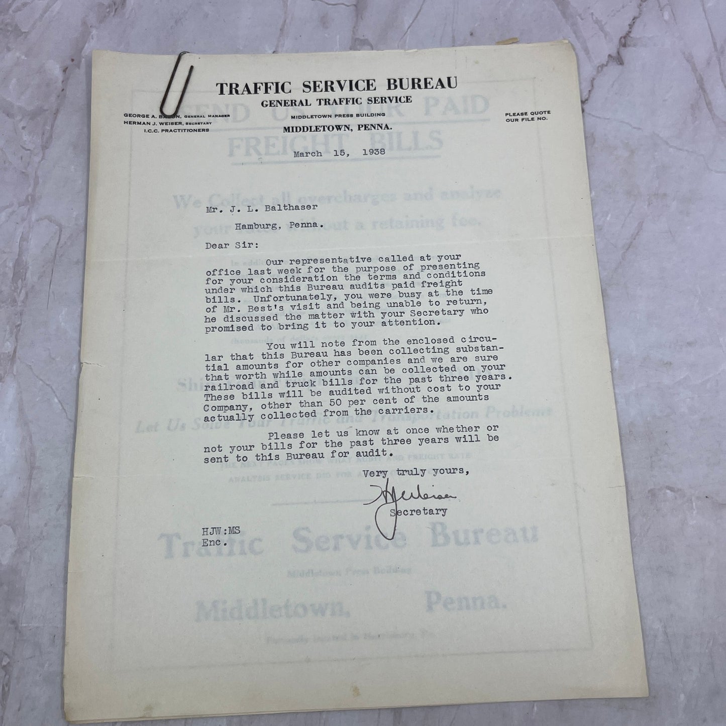 1938 Traffic Service Bureau Middletown PA Circular Promo Packet D22