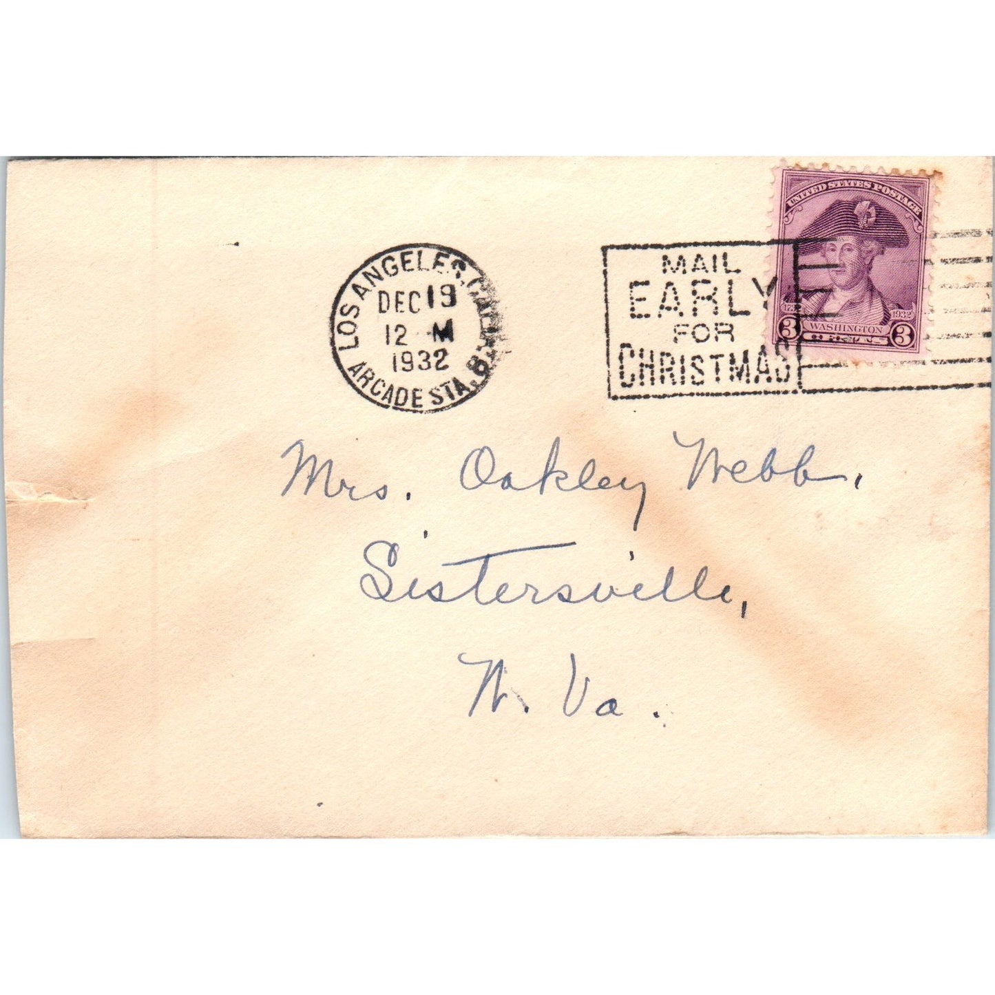 1932 Postal Cover Envelope Los Angeles Sistersville W VA Mrs. Oakley Webb AD8-Q2