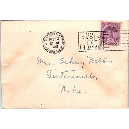 1932 Postal Cover Envelope Los Angeles Sistersville W VA Mrs. Oakley Webb AD8-Q2