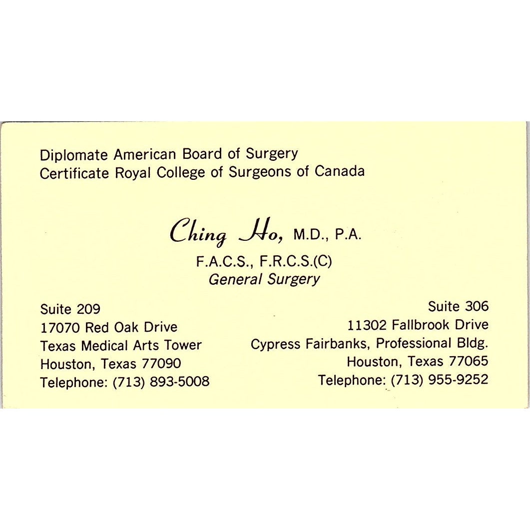 Ching Ho MD General Surgery Houston Vintage Business Card SC9-B4