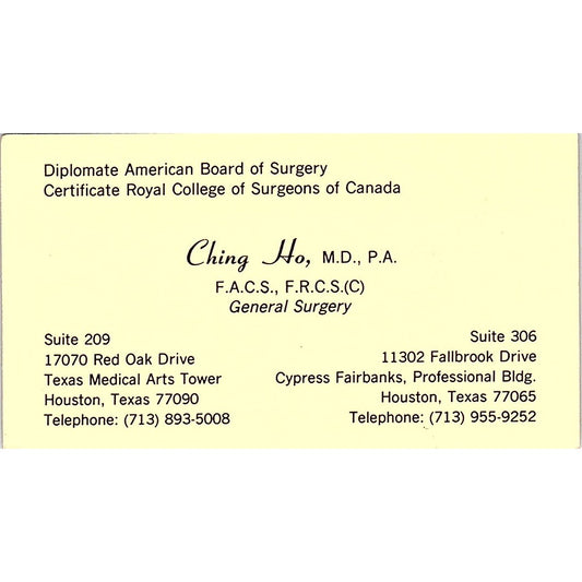 Ching Ho MD General Surgery Houston Vintage Business Card SC9-B4