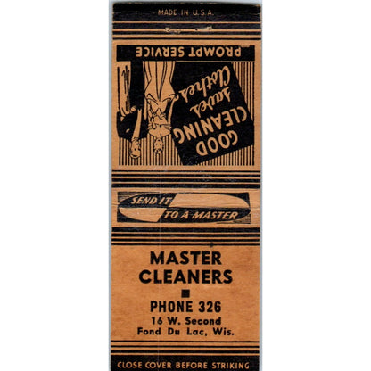 Master Cleaners Fond Du Lac WI Vintage Matchbook Cover SD2-Y12