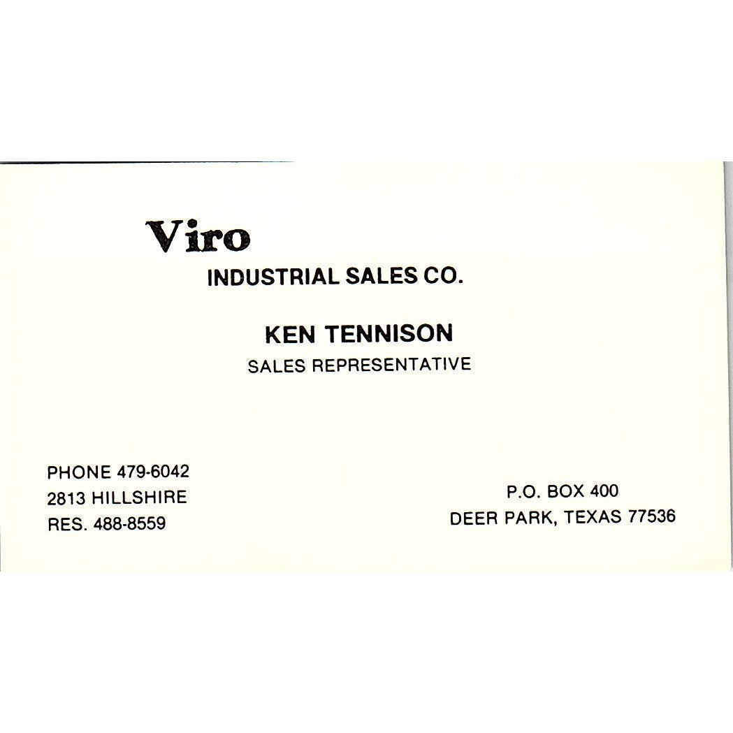 Viro Industrial Sales Ken Tennison Deep Park TX Vintage Business Card SB4-B8