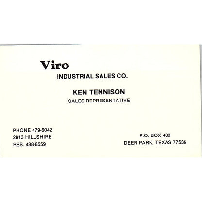 Viro Industrial Sales Ken Tennison Deep Park TX Vintage Business Card SB4-B8