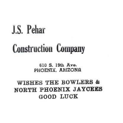 J.S. Pehar Construction Co Phoenix AZ 1969 Bowling Program Ad AF6-1