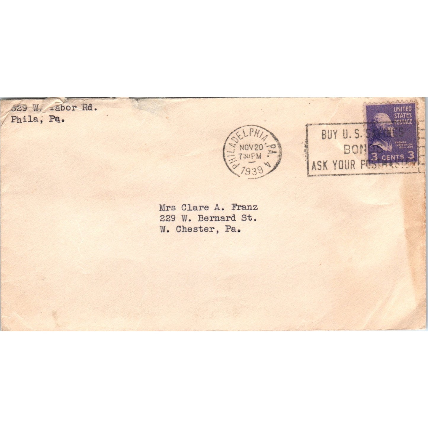 1939 Clare A. Franz West Chester PA Postal Cover Envelope TG7-PC3
