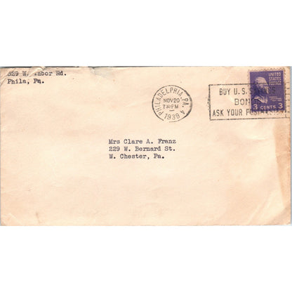 1939 Clare A. Franz West Chester PA Postal Cover Envelope TG7-PC3