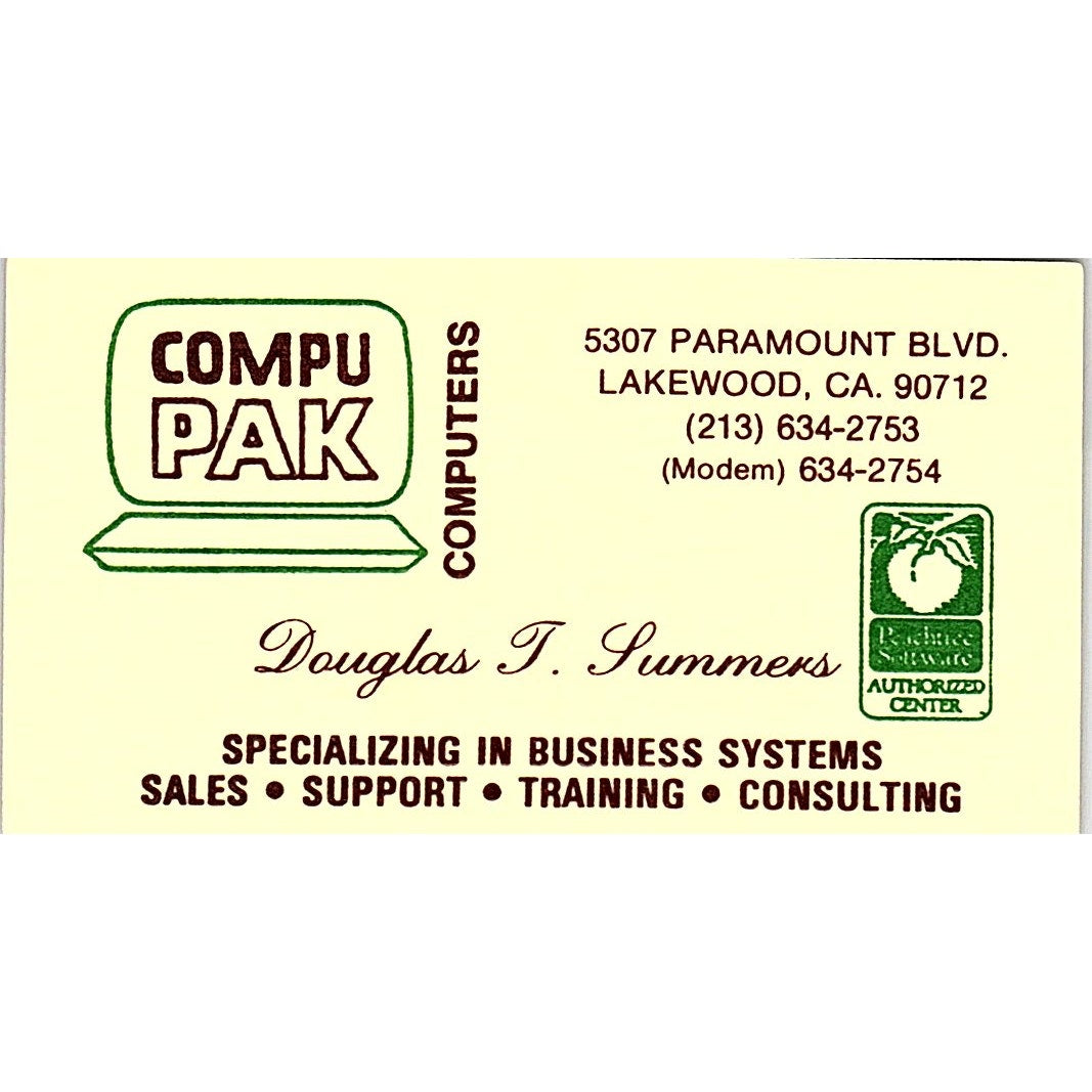 Douglas T Summers CompuPak Computers Lakewood CA Vintage Business Card SD9-B2
