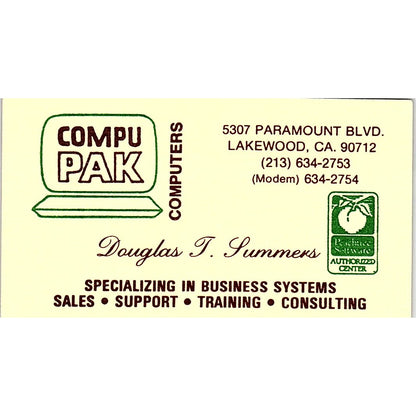 Douglas T Summers CompuPak Computers Lakewood CA Vintage Business Card SD9-B2
