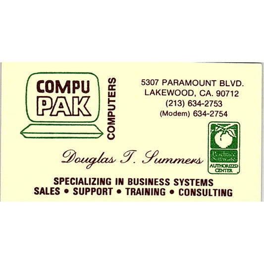 Douglas T Summers CompuPak Computers Lakewood CA Vintage Business Card SD9-B2