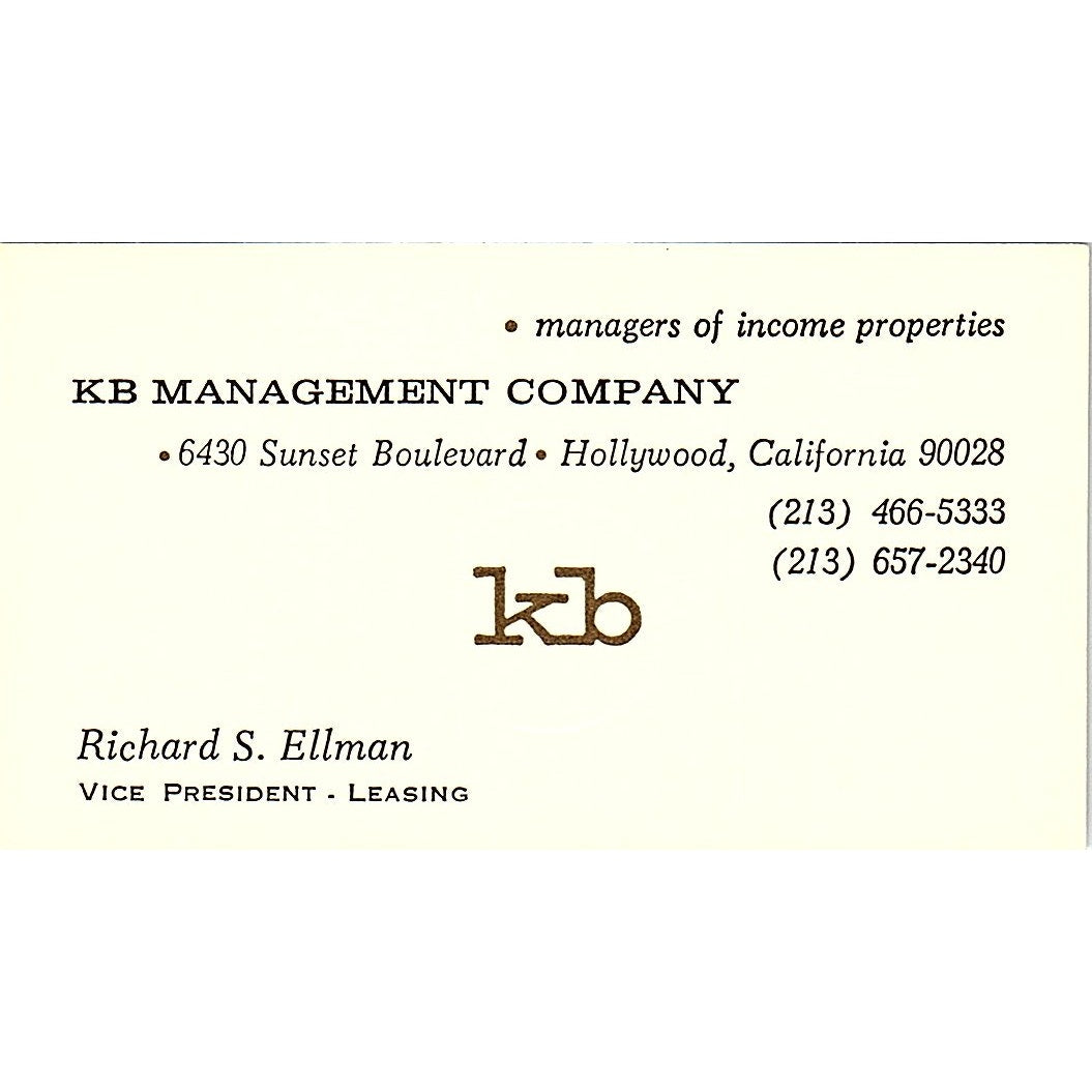 KB Management Company Richard S. Ellman Hollywood Vintage Business Card SF3-B4
