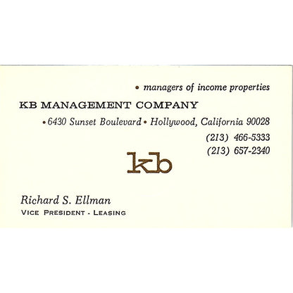 KB Management Company Richard S. Ellman Hollywood Vintage Business Card SF3-B4