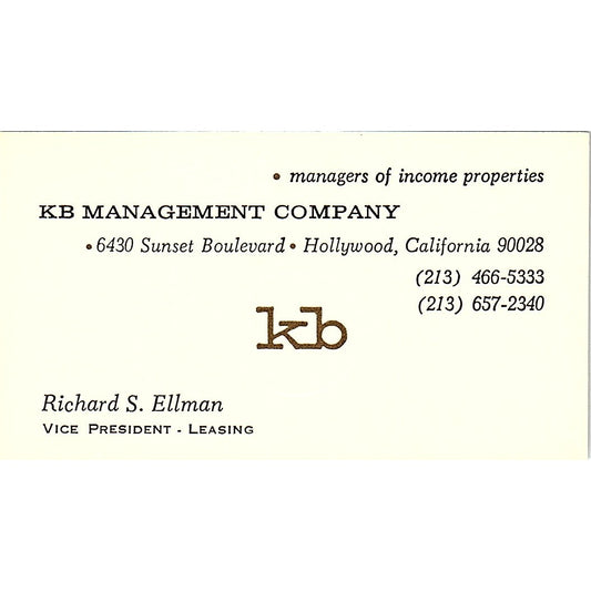 KB Management Company Richard S. Ellman Hollywood Vintage Business Card SF3-B4