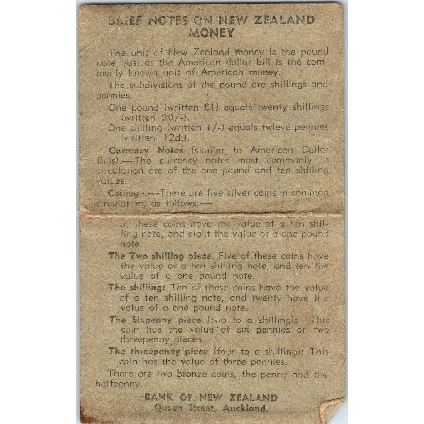 Vintage Auckland New Zealand Bank American Currency Exchange Rate Card AE6