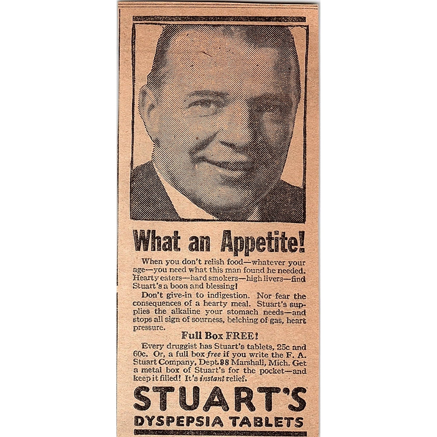 F.A. Stuart Dyspepsia Tablets Marshall Michigan 1926 Ad AG3-4