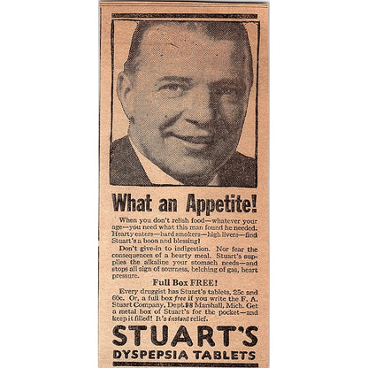 F.A. Stuart Dyspepsia Tablets Marshall Michigan 1926 Ad AG3-4
