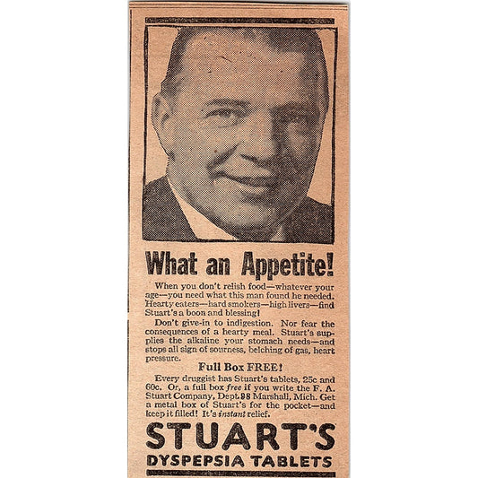 F.A. Stuart Dyspepsia Tablets Marshall Michigan 1926 Ad AG3-4