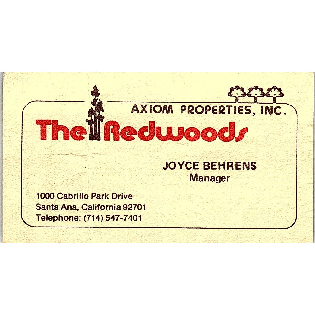Joyce Behrens The Redwoods Cabrillo Park Dr Santa Ana CA Business Card SE3-B15