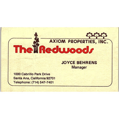 Joyce Behrens The Redwoods Cabrillo Park Dr Santa Ana CA Business Card SE3-B15