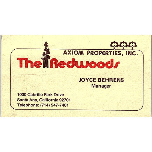 Joyce Behrens The Redwoods Cabrillo Park Dr Santa Ana CA Business Card SE3-B15
