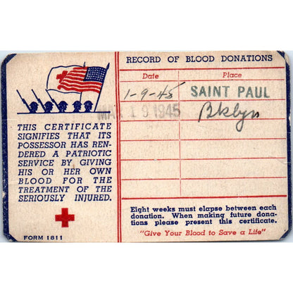 1945 WWII American Red Cross Blood Donor Card St. Paul MN AE2