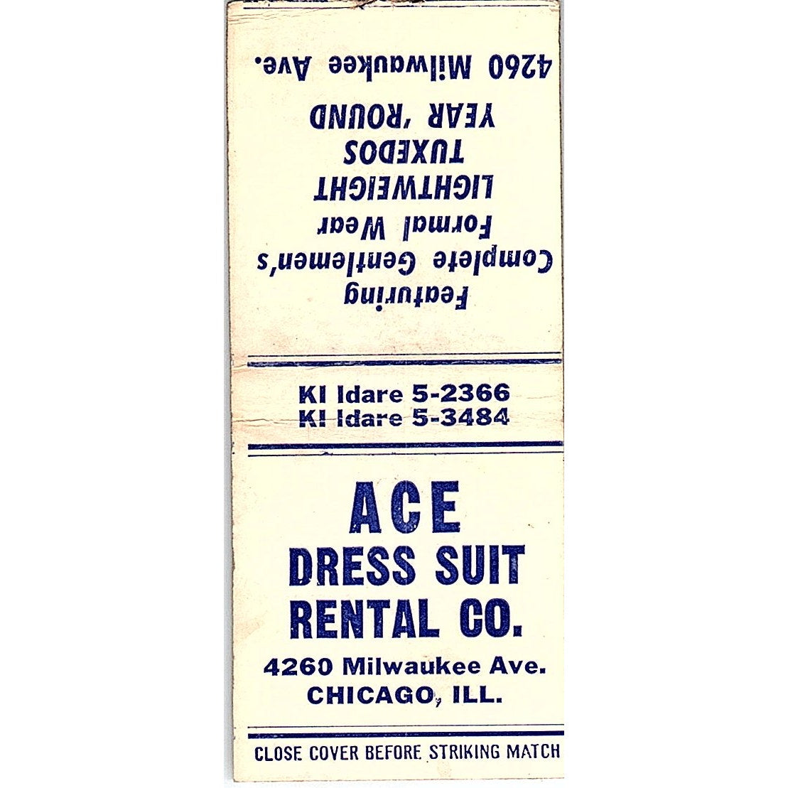 Ace Dress Suit Rental Co Chicago IL Vintage Matchbook Cover SF3-Y9