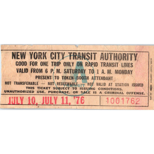 July 10-11 1976 New York City Transit Authority Pass Stub Original AB6-S10