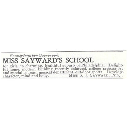 Miss Sayward's School S.J. Sayward Overbrook PA 1903 Ad AG3-S15