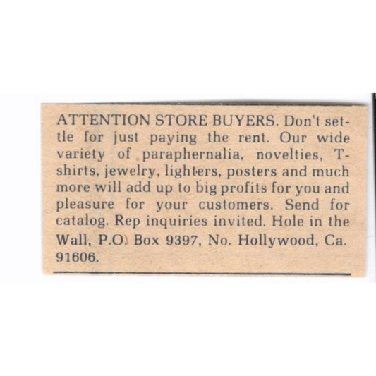 Hole in the Wall Novelties Paraphanalia No. Hollywood CA - 1/2x2 1974 Ad AF6-S6