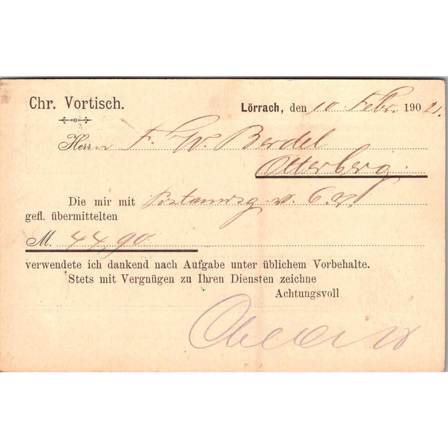 Chr. Vortisch Lorrach F.W. Berdel Otterberg 1902 German Reich Postcard TE2-GRQ