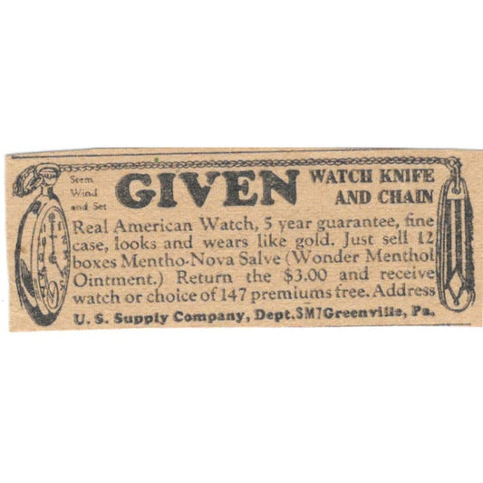 US Supply Co Greenville PA Pocket Watch Giveaway Offer 1923 Magazine Ad AE1-7