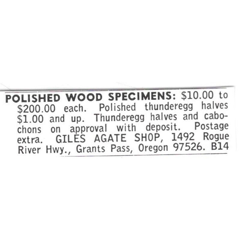 Giles Agate Shop Wood Specimens Grants Pass Oregon 1972 Ad AF8-S10