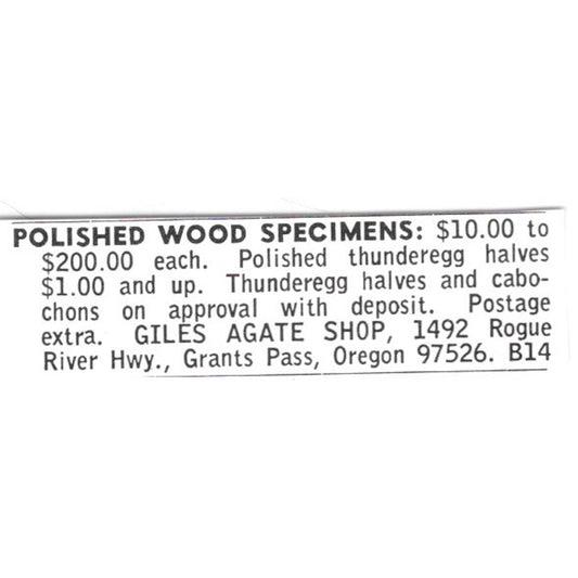 Giles Agate Shop Wood Specimens Grants Pass Oregon 1972 Ad AF8-S10