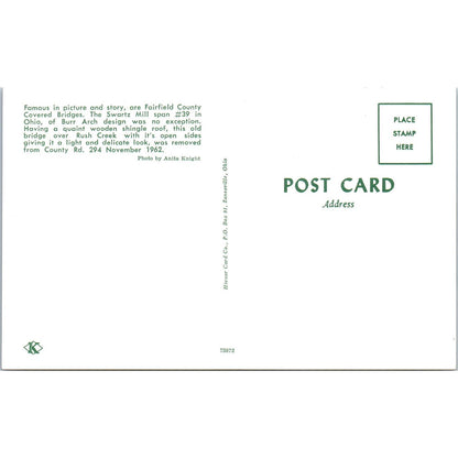 Swartz Mill Span #39 Fairfield County Ohio Covered Bridge Postcard PB13