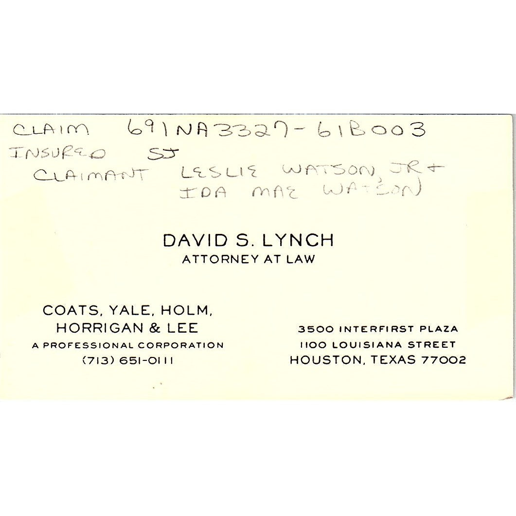David S Lynch Attorney Houston TX Vintage Business Card SE3-B12
