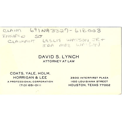 David S Lynch Attorney Houston TX Vintage Business Card SE3-B12