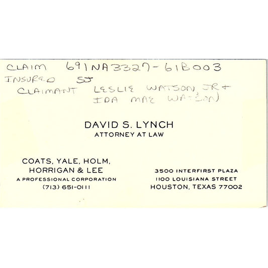David S Lynch Attorney Houston TX Vintage Business Card SE3-B12