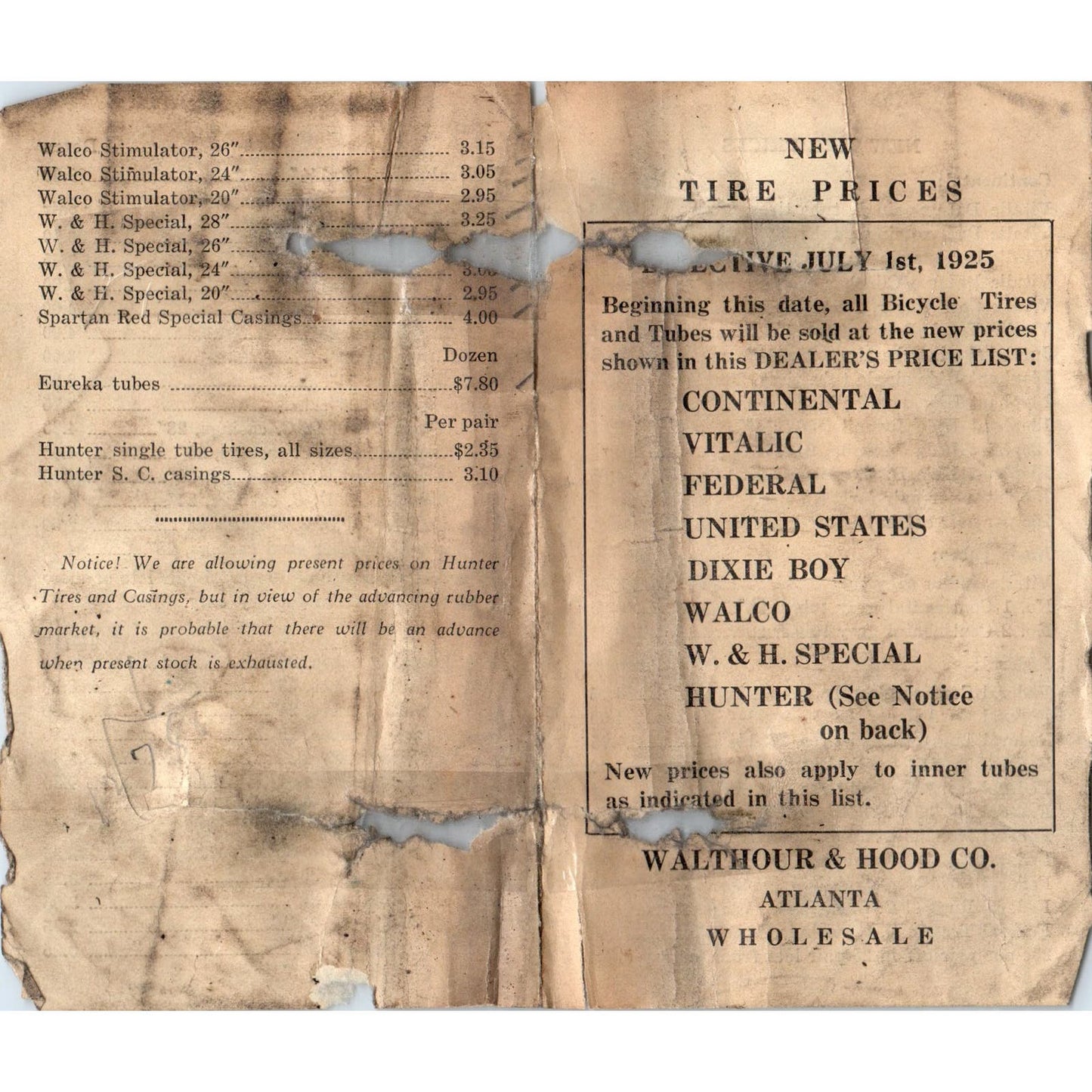 1925 Walthour & Hood Co. Atlanta GA Wholesale Tire Prices List AE6