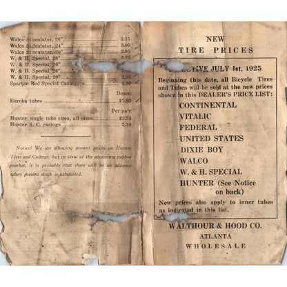 1925 Walthour & Hood Co. Atlanta GA Wholesale Tire Prices List AE6