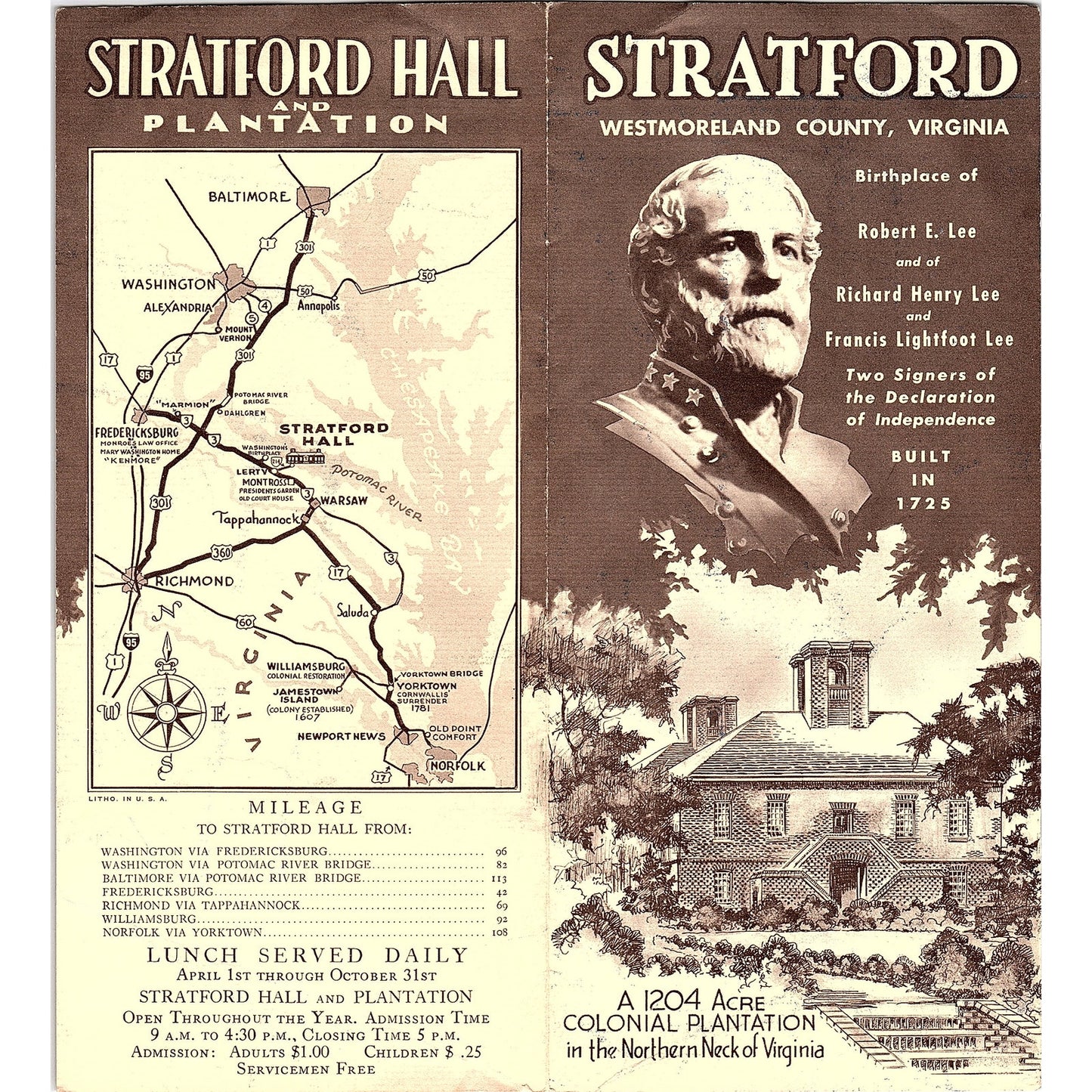 Stratford Hall Westmoreland County VA 1960s Travel Brochure TH2-TB3