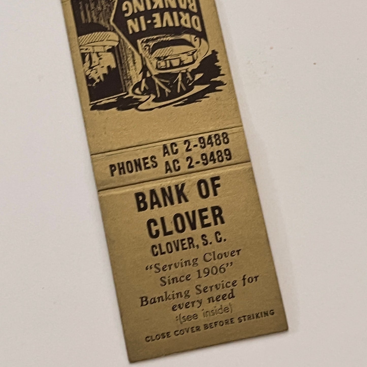 Bank of Clover South Carolina Vintage Matchbook Cover TB6-MB2-2