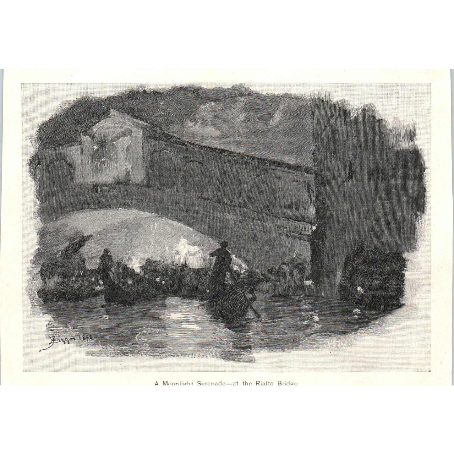 Moonlight Serenade at Rialto Bridge Sketch 1892 Magazine Print AK5-H8