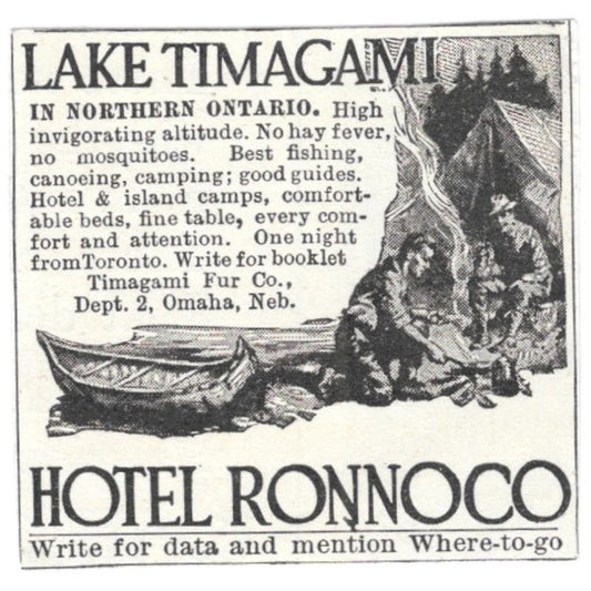Lake Timagami Ontario Hotel Ronnoco c1918 Original Advertisement AE5-SV6