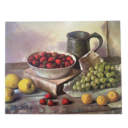 Vintage MCM Henk Bos Still Life-Fruit Lithograph 8x10" on Masonite TG2-OB
