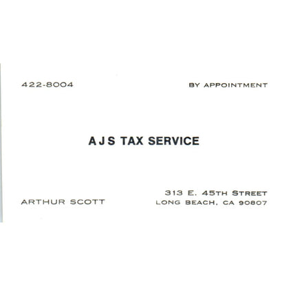 AJs Tax Service Arthur Scott Long Beach CA Vintage Business Card SD8-B9