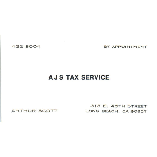 AJs Tax Service Arthur Scott Long Beach CA Vintage Business Card SD8-B9