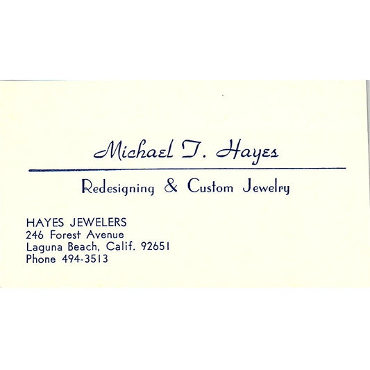 Hayes Jewelers Michael J. Hayes Laguna Beach CA Vintage Business Card SB4-B2