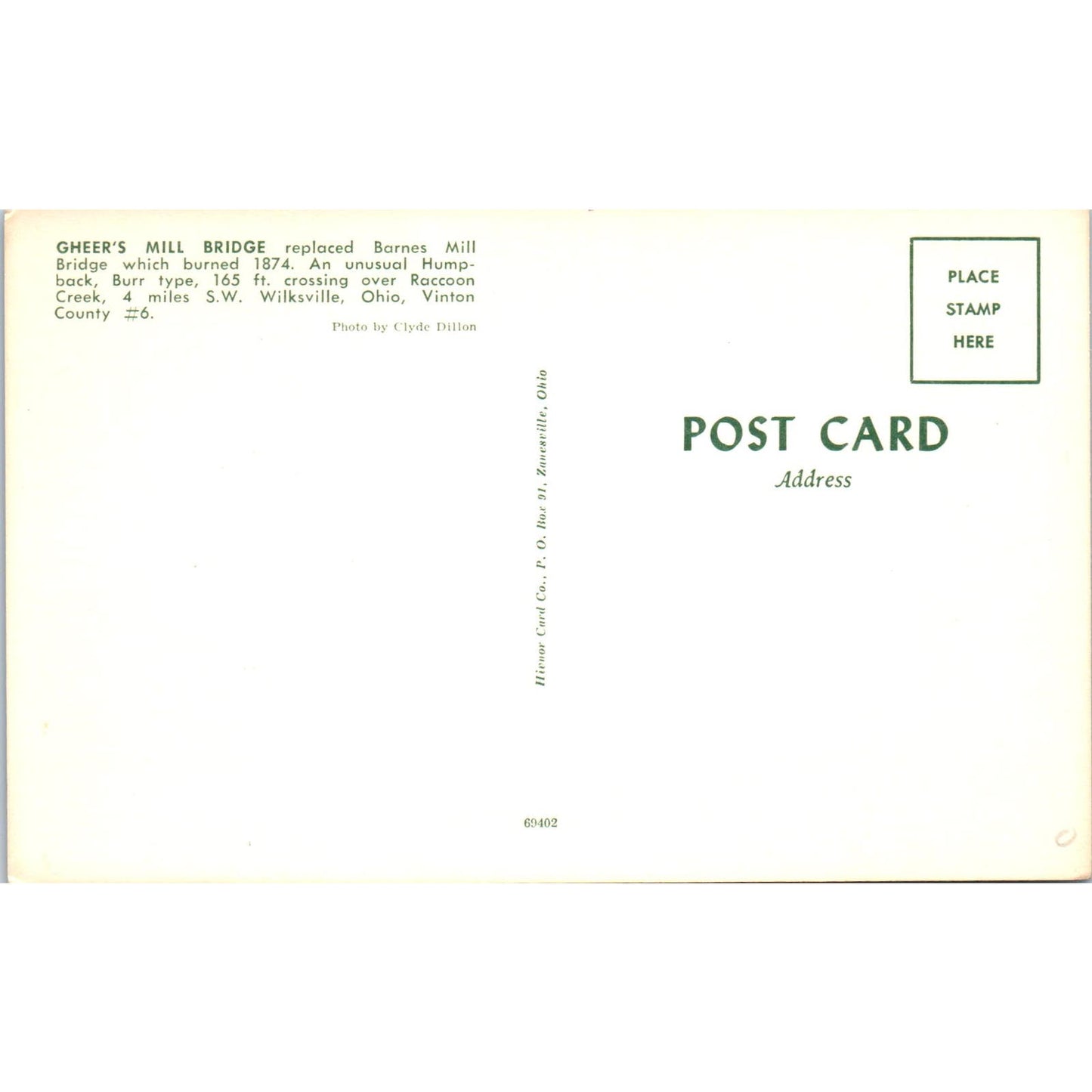 Gheer's Mill Bridge Wilkesville Ohio Vintage Covered Bridge Postcard PD1